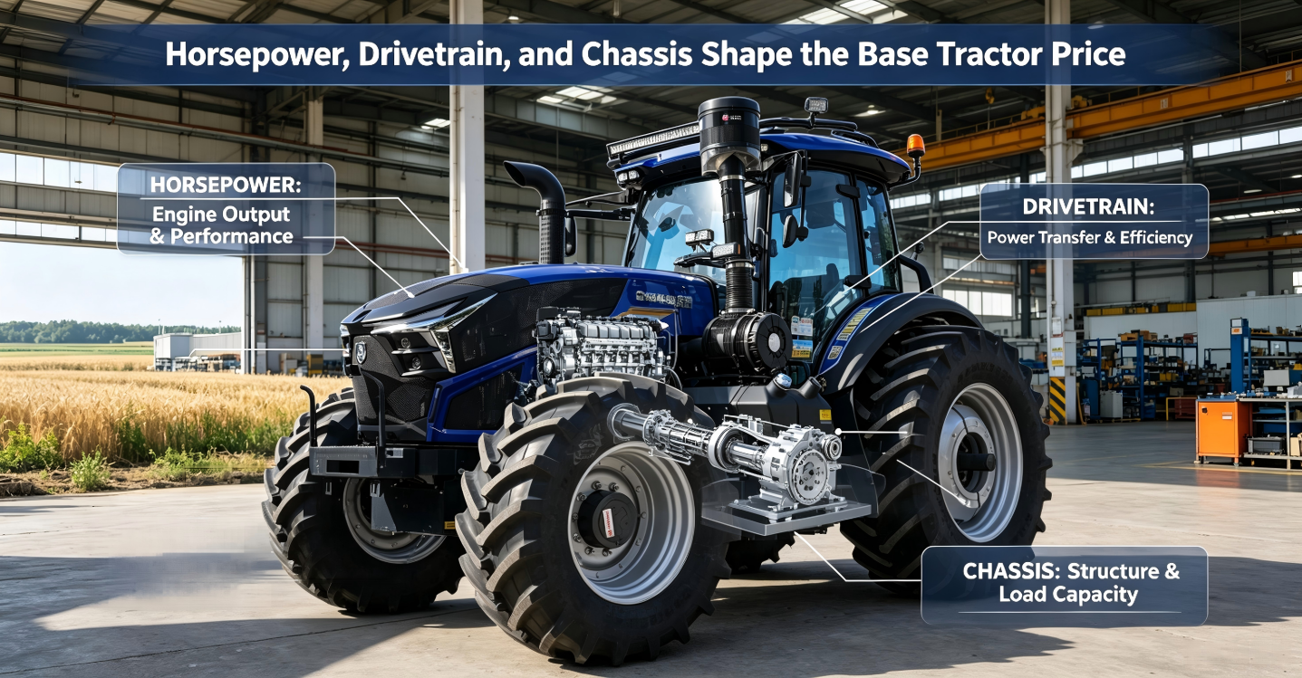 Los caballos de fuerza, la transmisi&oacute;n y el chasis determinan el precio base del tractor